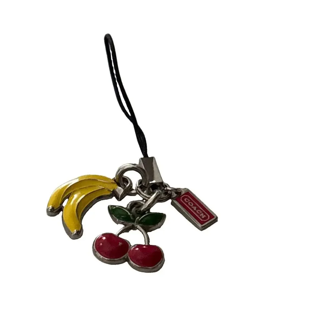 Coach Enamel Cherry & Bananas vintage Y2K phone Charm Silver Tone 3” Long